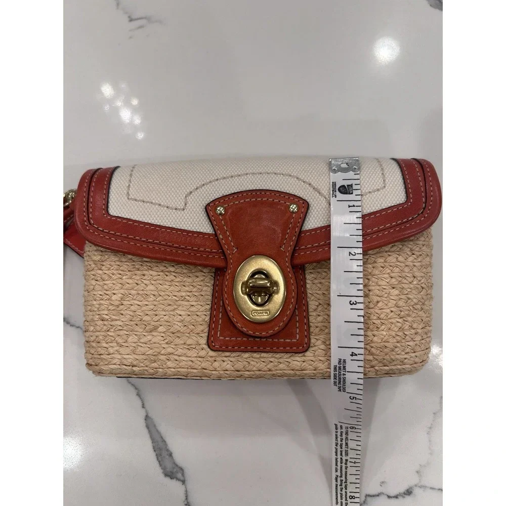 Coach Wristlet Clutch Turn Lock Lined Pockets Beige Brown Gold Reddish Orange